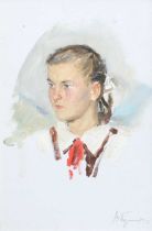 Russian School (20th century) Portrait of a girl in a red tie Signed, oil on canvas, 29.5cm by 20.