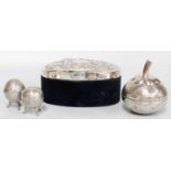 A Collection of Assorted Silver and Metalware, comprising an oval jewellery box, the hinged cover