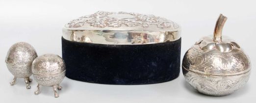 A Collection of Assorted Silver and Metalware, comprising an oval jewellery box, the hinged cover