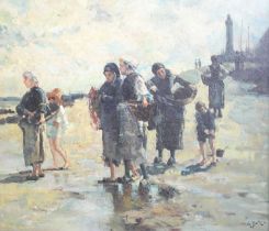 T H Rapton (20th Century) Fisherfolk on a shore Signed, oil on canvas, 68.5cm by 78cm