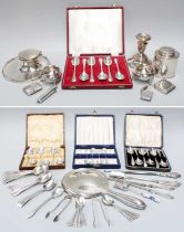 A Collection of Assorted Silver and Silver Plate, the silver including a capstan inkwell; a tea-