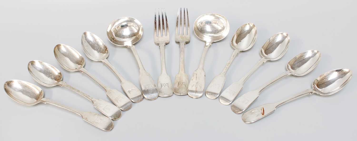 A Collection of Victorian Silver Flatware, Various Makers and Dates, Fiddle pattern, engraved with