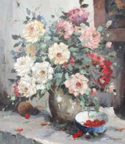 Rein Sievers (Dutch, 1929-1996) Still life of roses and cherries Signed, oil on canvas, 78cm by