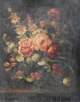 Late 19th/Early 20th Century Still life of flowers on a ledge Oil on panel, 41cm by 29cm; together