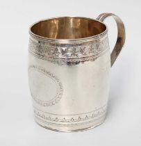 A George III Silver Mug, Maker's Mark Worn, London, 1803, barrel shaped, the rim engraved with