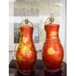 A Pair of Modern Lacquered Baluster Form Tablelamps, orange and gold ground, 45cm high to the