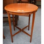 An Edwardian Mahogany Crossbanded Occasional Table, on square tapering supports with open x frame