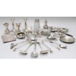 A Group of Assorted Silver, including a pair of dwarf candlesticks, match holder, tea strainer,