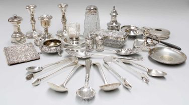 A Group of Assorted Silver, including a pair of dwarf candlesticks, match holder, tea strainer,