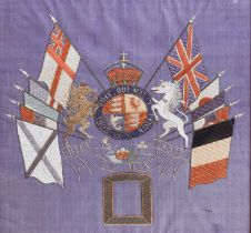 A First World War Silk Needlework Panel, 52cm by 50cm, together with a charcoal sketch depicting a