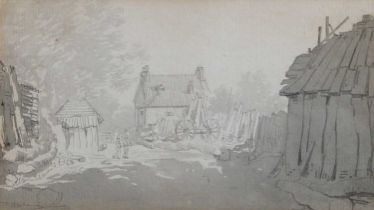 Attributed to John Linnell (1792-1882) Figures before a cottage at Hampstead Ink and wash, 10cm by