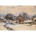 Rowland Henry Hill (1873-1952) Snowbound landscape with horse, cart and figures Signed and dated