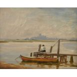 Attributed to Arthur A Friedenson (1872-1955) Fishing off a jetty Signed verso, oil on board, 31.5cm