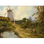 British School (19th/20th century) Figure retreating from a windmill Indistinctly signed, oil on