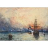 Attributed to Henry Moore RA, ROI, RWS (1831-1895) Tall mastered ship moored with smoking cannons at