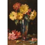 Owen Bowen ROI, PRCamA (1873-1967) "Chrysanthemums" Signed, with signed and inscribed label verso,