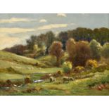 Ernest Higgins Rigg (1868-1947) Sheep grazing in a Summer landscape Signed, oil on canvas board,
