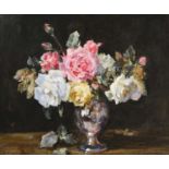 Owen Bowen ROI, PRCamA (1873-1967) Assorted Roses in a silver vase Signed and dated (19)29?, oil