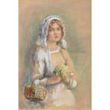 Rowland Henry Hill (1873-1952) Portrait of a young girl wearing a white bonnet and holding a posy