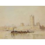Frank Wasley (1848-1934) Tug Boat before the Houses of Parliament Signed, watercolour, together with