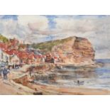 Rowland Henry Hill (1873-1952) View of a coastal village, possibly Robin Hoods Bay Signed, pencil