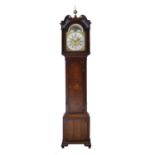 An Oak Chiming Longcase Clock, swan neck pediment, gilt painted front glass panels, crossbanded