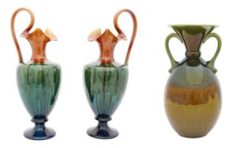 A Pair of Linthorpe Pottery Jugs, shape No.2128, running brown, green and blue glaze, impressed