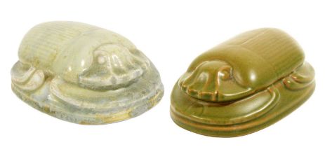 William Bray for Pilkington's Royal Lancastrian: Two Scarab Beetle Paperweights, green and pale blue
