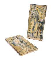 Two W.B Simpson & Sons Tiles, painted with Jason and Medea, in blues, yellow and white, both with