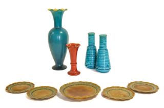 A Pair of Burmantofts Faience Vases, ribbed and incised decoration, turquoise glaze, each