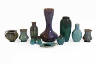 A Pilkington's Royal Lancastrian Vase, purple/blue/white and brown glaze, impressed factory marks
