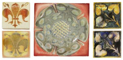 A Pilkington's Royal Lancastrian 6" Lustre Tile, moulded with the Tudor Rose, in blue/grey, on a