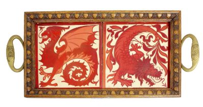 Two Craven Dunnill & Co Ruby Lustre 6" Tiles, painted with mythical beasts, moulded factory marks,