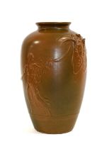 A Pilkington's Royal Lancastrian Vase, moulded with Medusa's head and two classical maidens, brown/