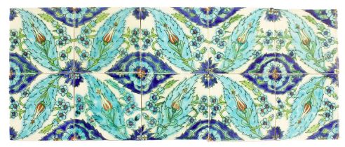 A Pilkington's 6" Persian Ten Tile Panel, circa 1907, in tones of blue and green, picked out in red,