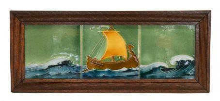 A Craven Dunnill & Co 6" Three Tile Panel, moulded with a galleon in full sail, moulded factory