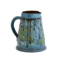 A C.H.Brannam Barum Ware jug, dated 1904, incised and painted with three fish in tones of green,