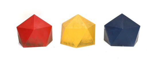 Three Moulded Plastic Polygons, in red, yellow and blue, unmarked, each 50cm high