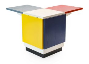 Tecta: M10 Table, designed by Erich Brendel, with four flaps, inside shelf, grey, white, red,