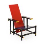Cassina: 635 Red and Blue Lounge Chair, designed by Gerrit Thomas Rietveld, the frame in yellow