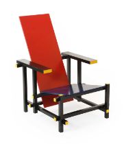 Cassina: 635 Red and Blue Lounge Chair, designed by Gerrit Thomas Rietveld, the frame in yellow