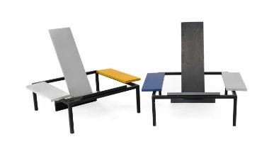 De Stijl Style: A Pair of Chairs, each with four panels, lacquered yellow, white, grey and black,