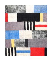 Modernist Flat-Woven Rug, the multi-coloured field of various panels, some with wide and narrow