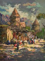 African School (Contemporary) Figures before turreted buildings Indistinctly signed, oil on