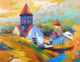 Georgi Tovmasyan (Contemporary) Armenian Church in a landscape Signed verso, oil on canvas, 67cm