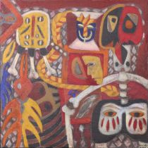 African School (20th century) Abstract with harlequins Signed and dated 2003, oil on canvas, 70cm by