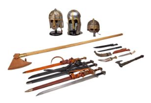 A Collection of Viking Re-enactment Artefacts, comprising three helmets and two English Heritage