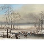 Brian Shields 'Braaq' FBA (1951-1997) Figures in a frozen landscape before an industrial town Signed