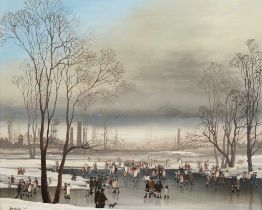 Brian Shields 'Braaq' FBA (1951-1997) Figures in a frozen landscape before an industrial town Signed