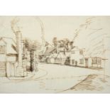 John Aldridge RA (1905-1983) Village scene Pen and ink, 19cm by 26.5cm Provenance: The artist's